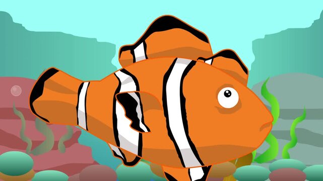 2D animation of a clownfish swimming at the bottom of the ocean with coral, art, animals.