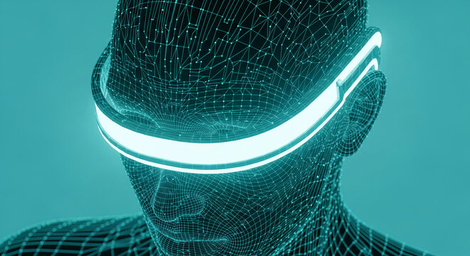 Wireframe head wearing glowing headset, teal color palette, futuristic technology concept showcasing virtual reality or metaverse immersion