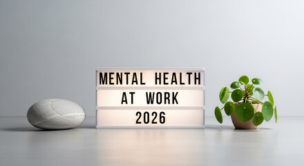 Illuminated message "Mental Health at Work 2026" displayed with a stone and plant, representing future focus on wellbeing in the workplace