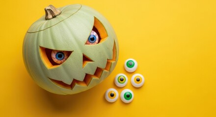 Spooky Halloween fun with a quirky jack-o'-lantern and colorful eyeballs on a vibrant yellow background, perfect for festive holiday promotions