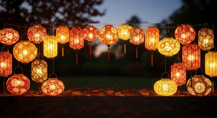 Illuminated paper lantern string with floral design, on autumn leaves. Celebratory atmosphere, oriental culture representative, evening outdoor mood