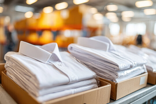 Folded white dress shirts in warehouse - Powered by Adobe