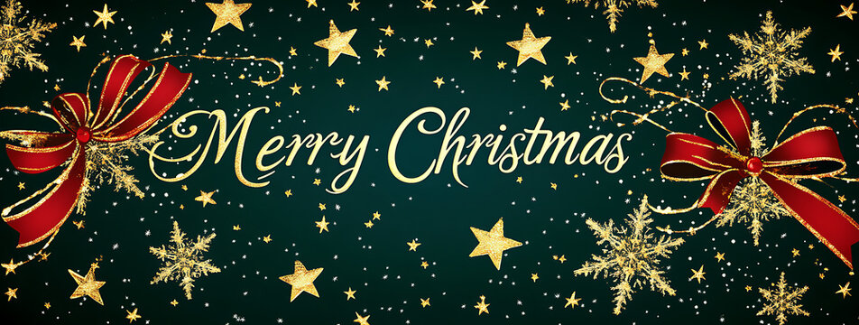 Elegant Merry Christmas banner with golden stars and snowflakes for festive holiday celebrations