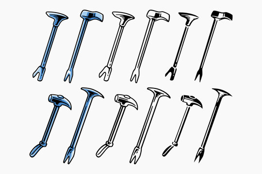 Halligan bar, Pry bar, Sledgehammer retro illustration set for rescue, safety, worker, industry. Firefighter rescue tool vintage vector collection in colorful, engraving and silhouette style
