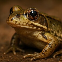 Close-Up of a Brown Frog with Reflective Eyes on Damp Ground