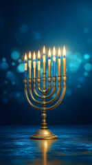 Fototapeta premium Golden Hanukkah menorah with lit blue and yellow candles glowing against a bluish bokeh background, festive concept of holiday decorations or event planning