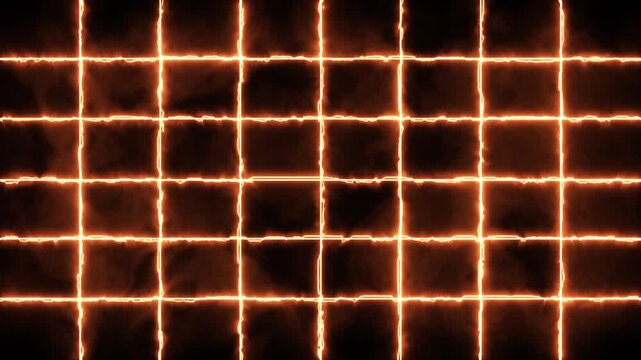 Straight burning fire flame neon lazer lines forming a grid color orange on a black background