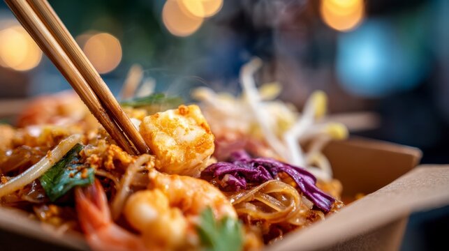 Delicious, Steaming Noodle Dish Featuring Fresh Shrimp, Colorful Vegetables, and Flavorful Sauces Perfect for a Gourmet Experience