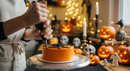 Professional baker elegantly decorating a Halloween cake with a spiderweb design in a warm, inviting kitchen setting, perfect for holiday promotions