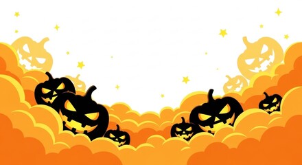 Spooky Halloween pumpkins with glowing eyes in orange clouds and twinkling stars create a festive, fun, and eye-catching invitation or banner design