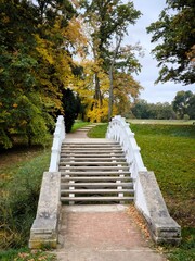 White wooden bridge-stairs in an autumn park, Dessau, Germany