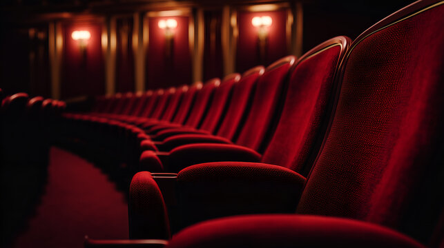 Row of plush red theater seats with curved armrests in dim auditorium. Warm lighting and ornate sconces evoke cinematic elegance and cultural ambiance.