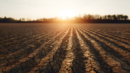 Fototapeta premium Dry, fissured field with symmetrical furrows under golden sunrise. Tree silhouettes and warm light evoke drought, agriculture, and environmental tension.