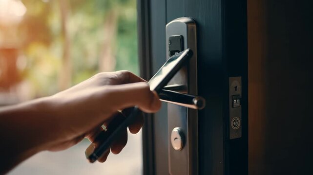 Smartphone user activating a digital access lock remotely illustrating seamless keyless entry through mobile app control for secure techsavvy home access.