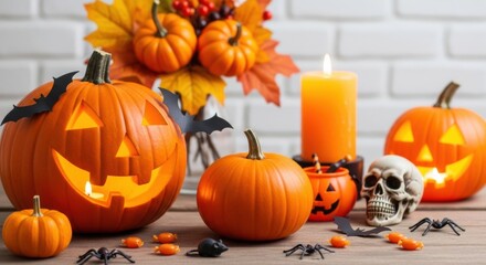 Spooky Halloween night scene with glowing jack-o'-lanterns, skull, candy, spiders, and bats for festive autumn celebrations and trick-or-treating fun
