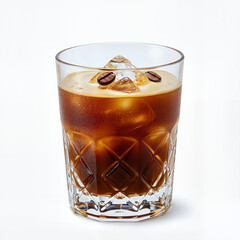 A cold brew coffee soju cocktail in a rocks glass with ice. Refreshing alcoholic beverage with coffee bean garnish isolated on a white background