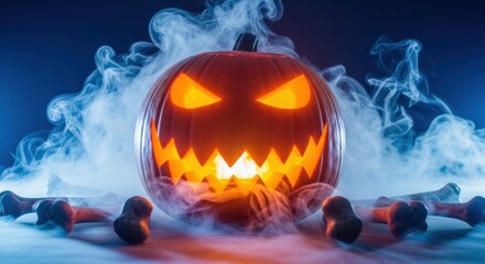 Spooky Jack-o'-Lantern glowing ominously with fog and bones around it, perfect for Halloween events, haunted houses, and scary seasonal promotions