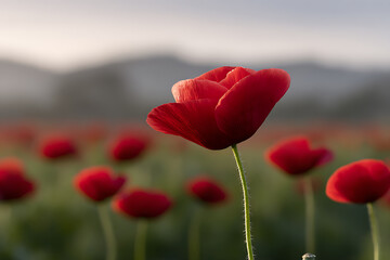 Obraz premium poppy field portrait, a bright poppy field in soft daylight, seen from a low angle with vivid red flowers against a blurred green background, no people or buildings