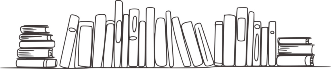 Obraz premium Black and white line drawing of stacked and standing books stacked books