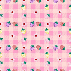 seamless pattern of strawberries and small flowers on pink gingham background