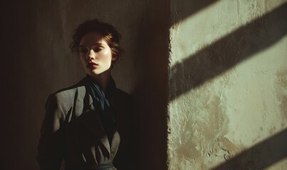 Woman in shadow with light stripes, dramatic portrait.