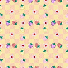 seamless pattern of strawberries and small flowers on pink gingham background