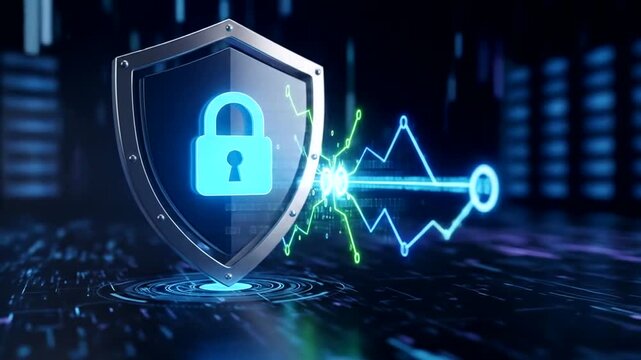 Digital security shield with lock symbol and data flow in a tech backdrop