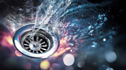 A Captivating Close-Up of Water Flowing Dynamically Down a Drain, Showcasing the Beauty of Fluid Motion and the Surface Tension of Drops in a Sparkling Setting