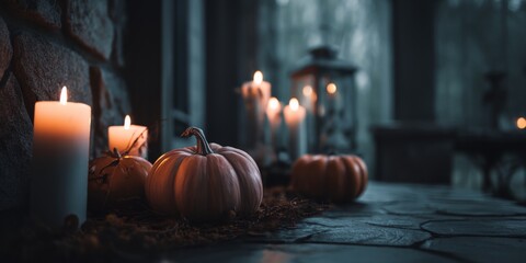 Table with candles and pumpkins on it