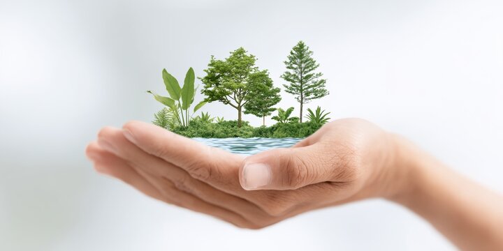 Hand holding a plant with a tree in the background