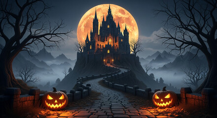 Dark castle stands on hill under orange moon, with stone path and pumpkins, suggestive of Halloween holiday, symbolising mystery, fantasy, magic