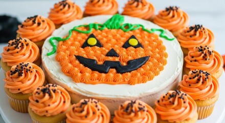 Delightful Halloween pumpkin cake surrounded by vibrant orange cupcakes with black sprinkles, perfect for a festive autumn celebration and spooky gathering