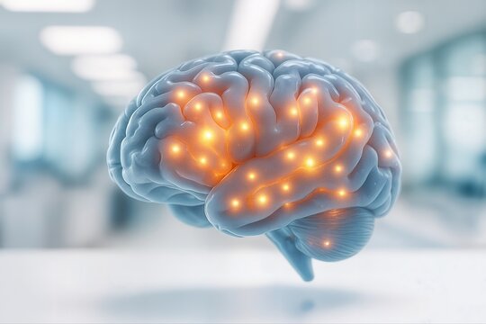 Futuristic Artificial Intelligence Brain With Glowing Nodes Displayed in a High Tech Laboratory Setting With Shallow Depth Of Field