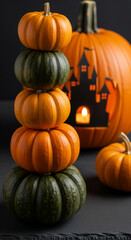 Stack of colorful pumpkin, arranged on dark stone surface, representing autumn harvest and Halloween celebration, with orange carved pumpkin behind