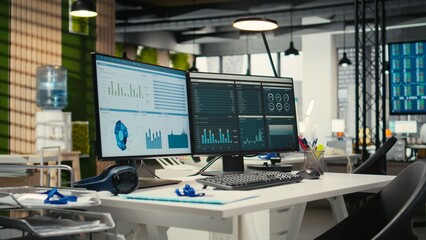 Empty corporate workstations with computers running financial diagnostics for forecasting, planning development with analytics and performance metrics. Synergy and efficiency at the workspace.