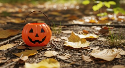Capture the spooky season with this playful pumpkin bucket amidst golden autumn leaves, perfect for festive designs and seasonal marketing campaigns