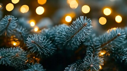 Christmas Pine Branches with Warm Lights, Winter Holiday Atmosphere Background, New Year Decoration Creative Element