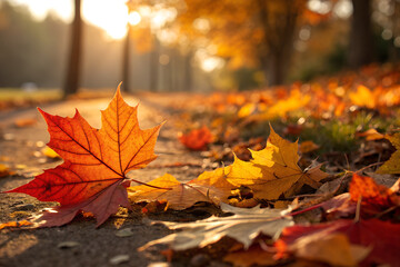 A close up shot of vibrant maple leaf scattered on pathway leaf, fall weather  