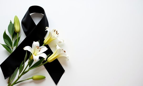 Black mourning ribbon and white lilies on a clean white background, symbolizing grief and remembrance, understated, serene