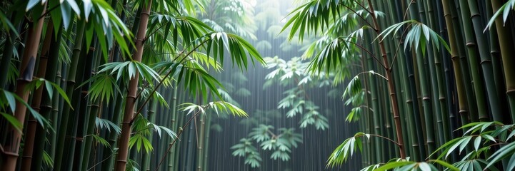 Gentle rain falls through a verdant bamboo forest, creating a tranquil, misty atmosphere, rainfall, fresh