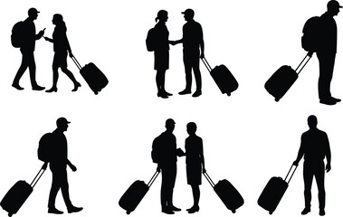 Travel silhouettes with passengers carrying luggage, airport handshake, walking travelers, business trip concept, cad drawing flat vector illustration