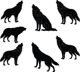 Wolf silhouette set, wild predator animal collection, forest wildlife design with standing and howling poses, cad drawing flat vector illustration