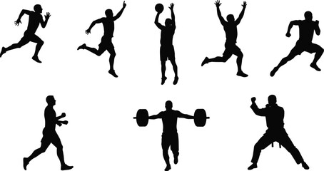 Athlete silhouettes in action, running, jumping, lifting weights, boxing, martial arts, fitness training, sports movement, cad drawing flat vector illustration