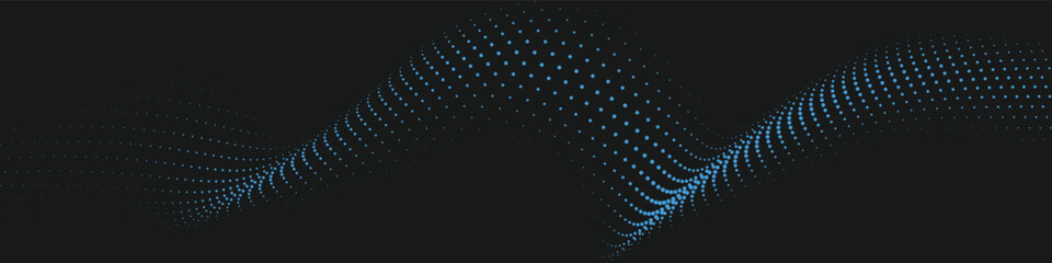 Dark futuristic dotted wave glowing blue over black background, sleek halftone mesh with depth and light for high-tech banners and digital presentation backdrops
