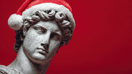 Ancient Greek bust wearing red Santa hat celebrating Christmas