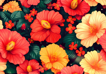 Seamless pattern of red yellow hibiscus flowers with green tropical leaves and soft botanical background
