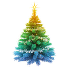 Fototapeta premium Vibrant rainbow gradient christmas tree illuminated with twinkling lights and star topper isolated on transparent background