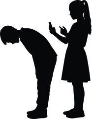 Couple silhouette, man bent forward exhausted, woman distracted with smartphone pointing gesture, relationship disconnect, lifestyle, cad drawing flat vector illustration