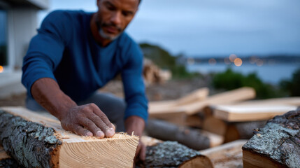 A dedicated craftsman meticulously prepares firewood, showcasing focus and skill in an outdoor setting with a tranquil background, symbolizing hard work and craftsmanship.