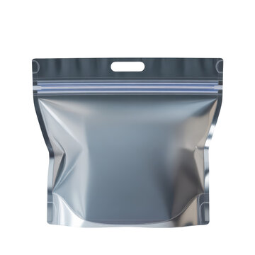 Empty silver stand up pouch with zipper and handle isolated on transparent background